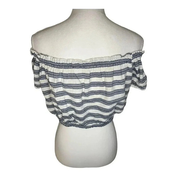 Aerie Size Medium Gray/Blue White Stripe Crop Top On/Off Shoulder Puff Sleeve - Picture 3 of 6